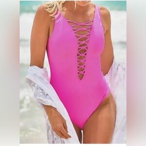 Lilly Pulitzer Isle Lattice One-Piece Plumeria Pink Women's Size 14